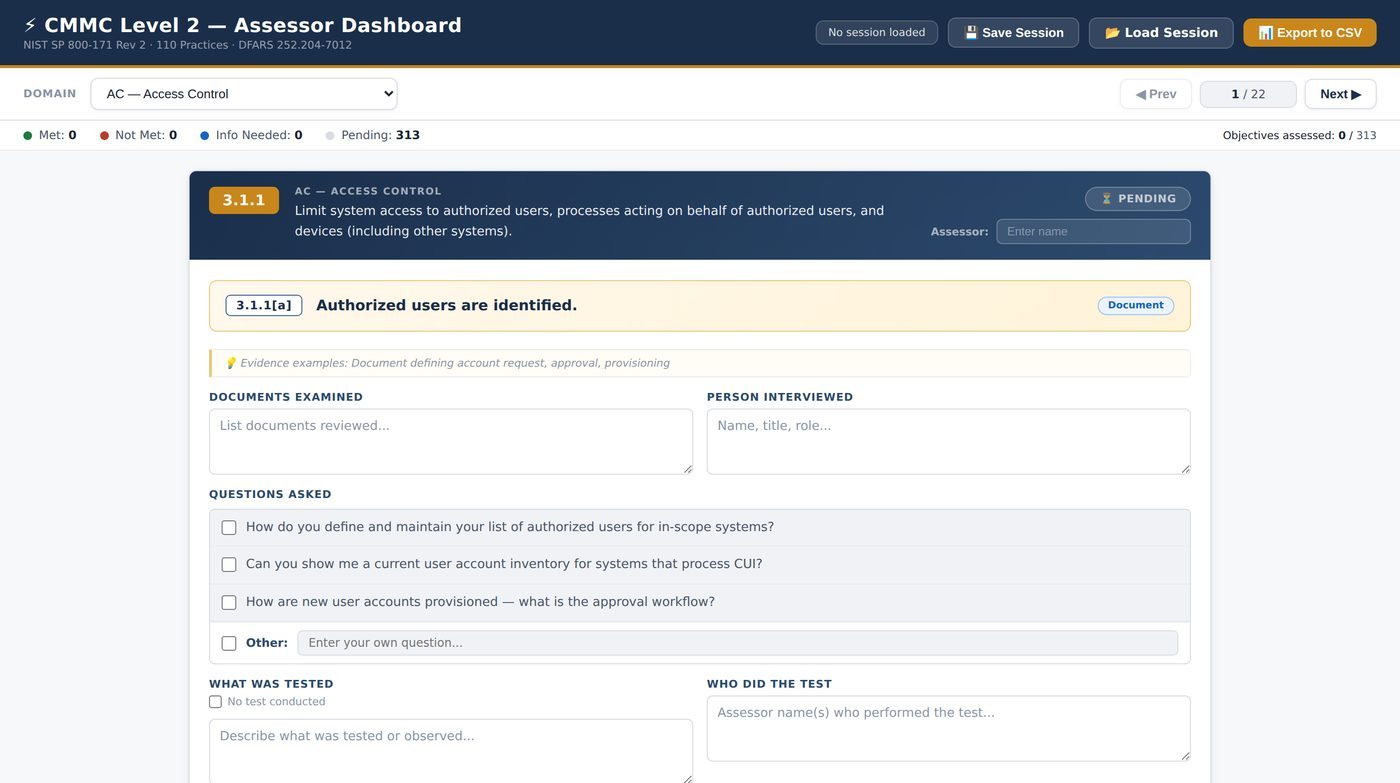 CMMC assessor dashboard showing an assessment objective with evidence, interview and test fields