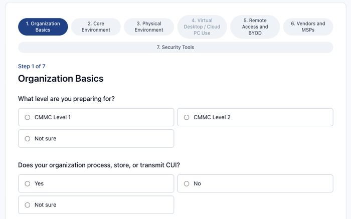 The CMMC scope checker's first step, asking about organization basics