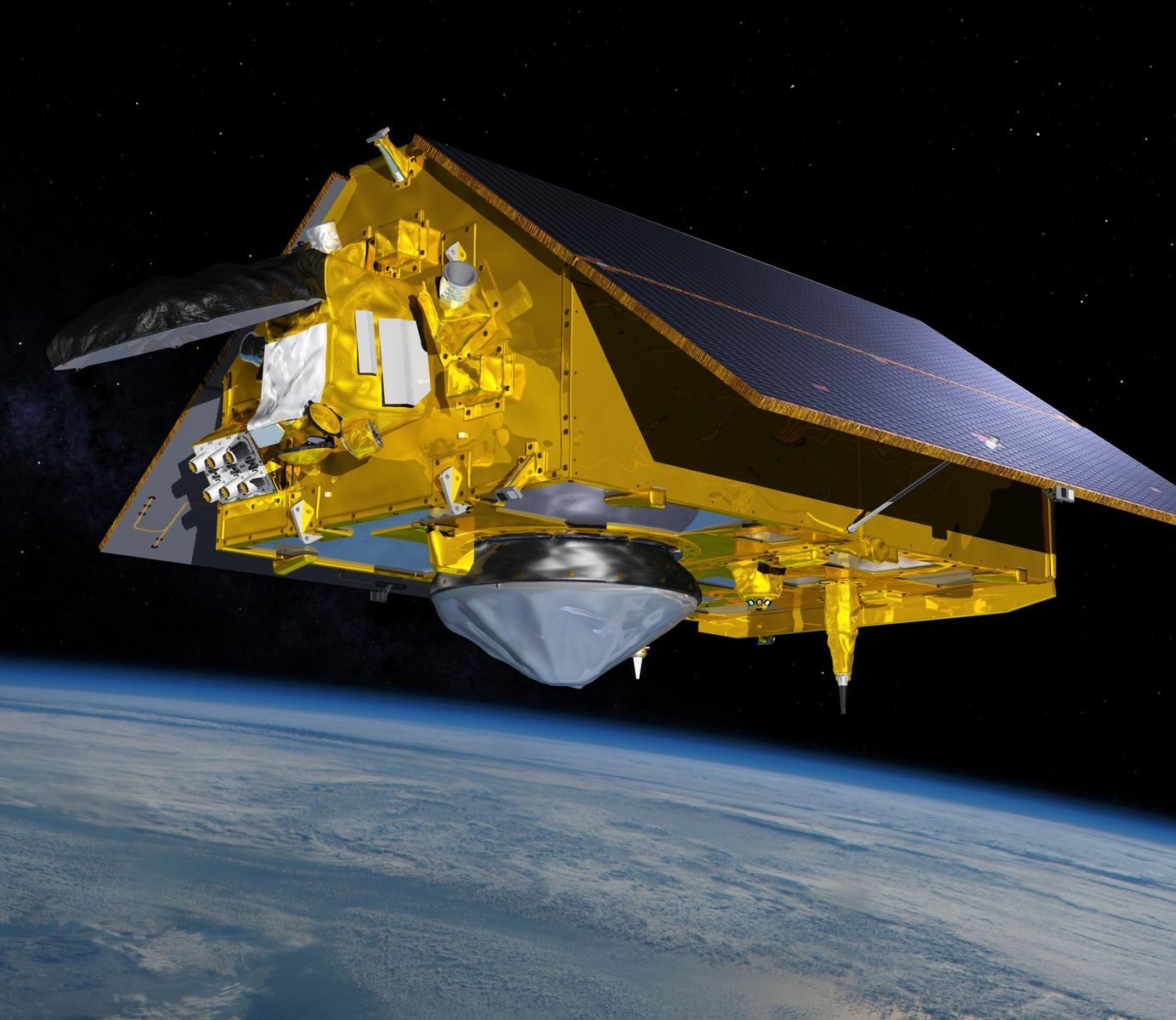 A satellite with gold panels orbiting above Earth