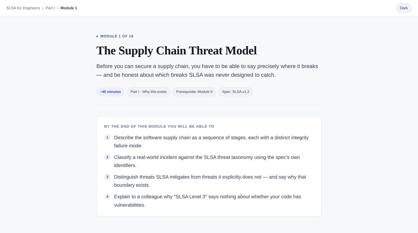 Module 1 of the SLSA for Engineers course, The Supply Chain Threat Model